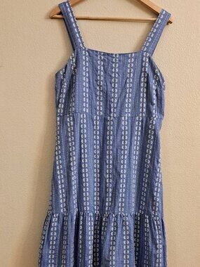 Madewell Women size 8 Tiered Midi Blue Stripe Floral Cotton Button Boho Sundress